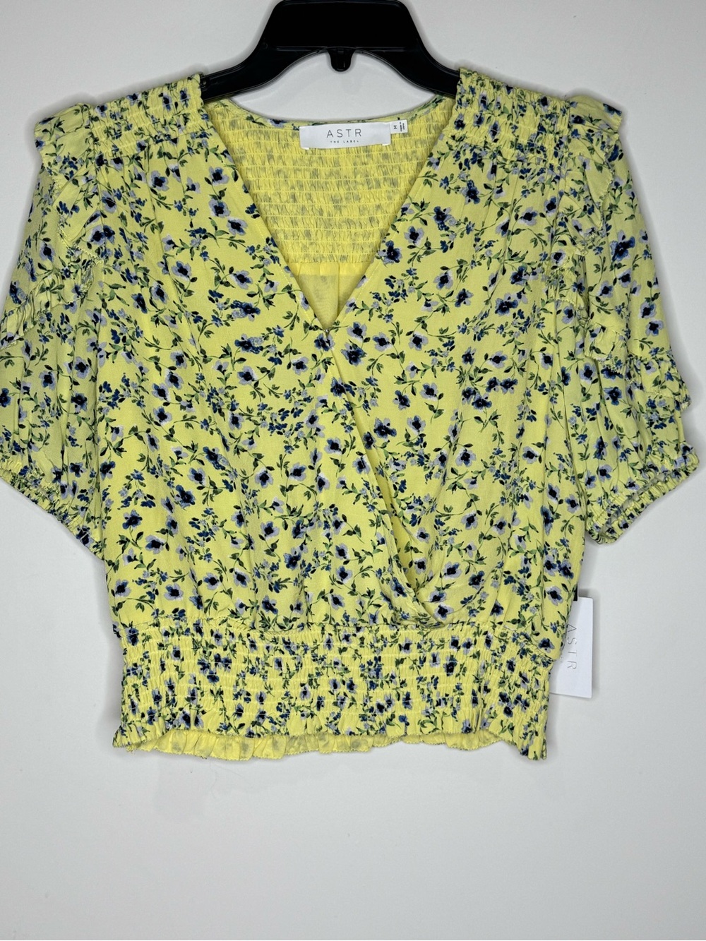 ASTR Yellow Floral Smocked V-Neck Crop Top